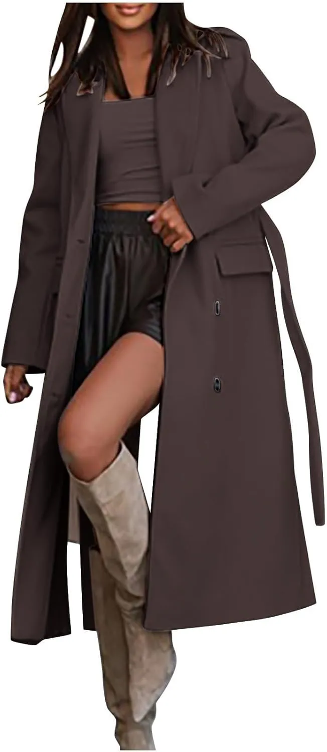 Women's Notched Lapel Collar Trendy Breasted Fashion Coat Winter Wool Blend Over Coats Casual Thermal Long Jackets