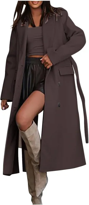 Women's Notched Lapel Collar Trendy Breasted Fashion Coat Winter Wool Blend Over Coats Casual Thermal Long Jackets