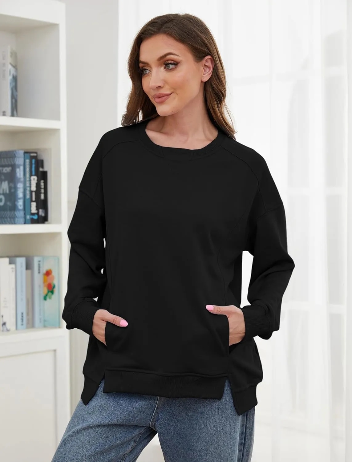 Womens Oversized Sweatshirts Long Sleeve Loose Fit Solid Color Pullover Tops Casual Comfy Fall Fashion Clothes 2024