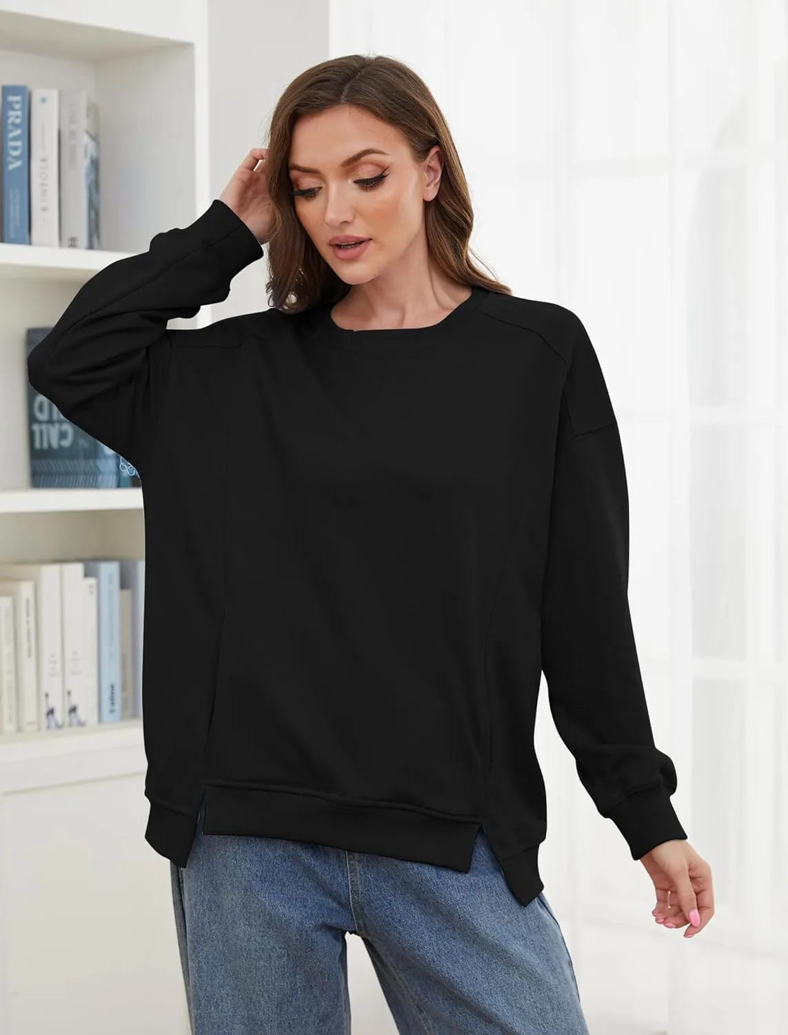 Womens Oversized Sweatshirts Long Sleeve Loose Fit Solid Color Pullover Tops Casual Comfy Fall Fashion Clothes 2024