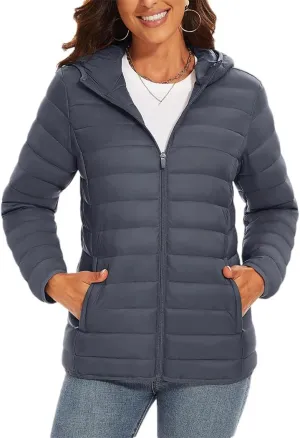 Women's Packable Lightweight Warm Puffer Jackets Hooded Full Zip Quilted Jacket Winter Windproof Camping Down Coat