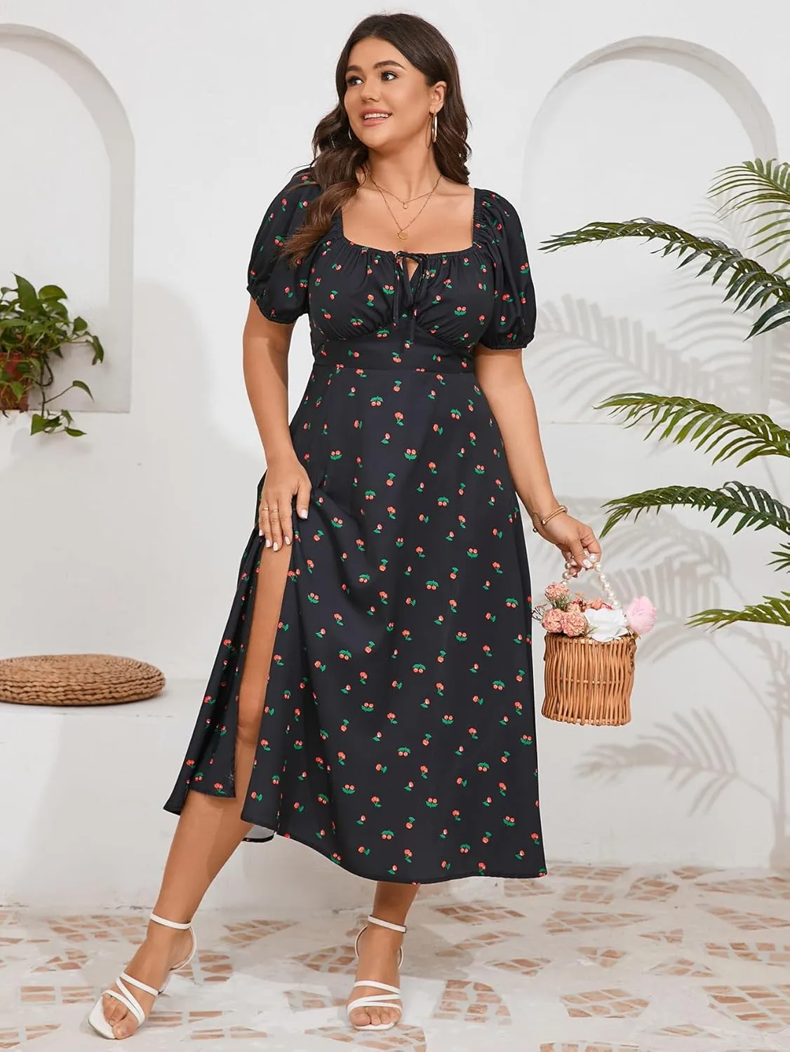 Women's Plus Size Summer Dress Short Sleeve Square Neck Milkmaid Dress Tie Front Split A-Line Maxi Long Dresses