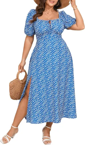 Women's Plus Size Summer Dress Short Sleeve Square Neck Milkmaid Dress Tie Front Split A-Line Maxi Long Dresses