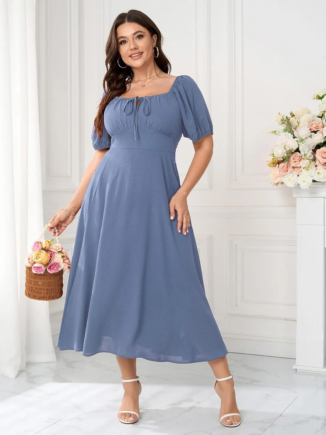 Women's Plus Size Summer Dress Short Sleeve Square Neck Milkmaid Dress Tie Front Split A-Line Maxi Long Dresses
