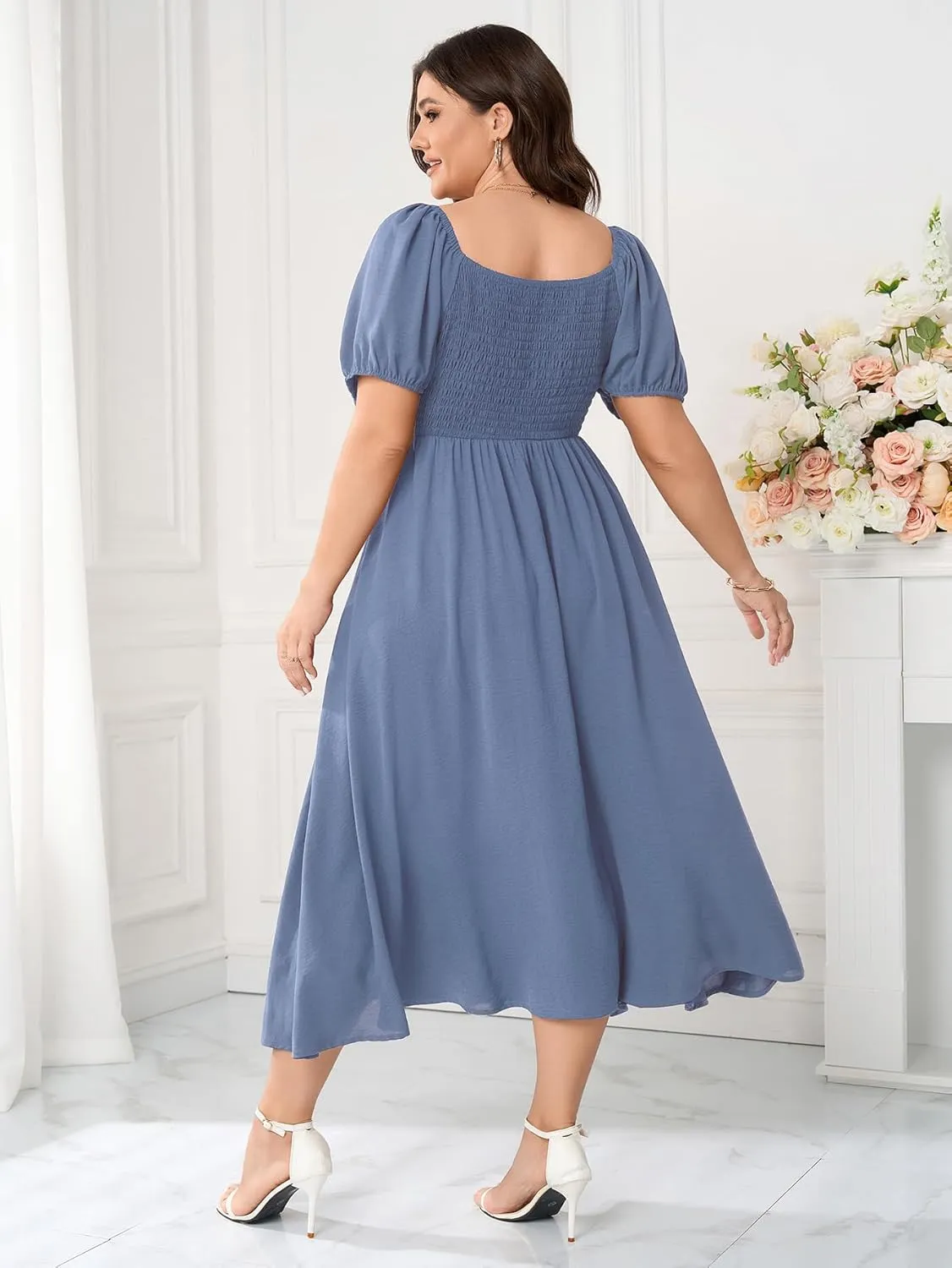 Women's Plus Size Summer Dress Short Sleeve Square Neck Milkmaid Dress Tie Front Split A-Line Maxi Long Dresses