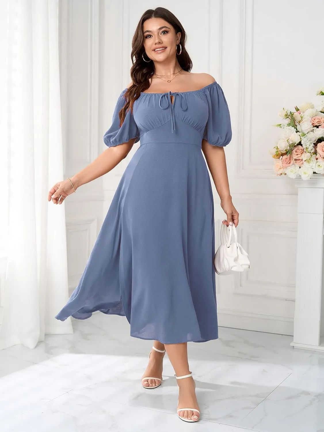 Women's Plus Size Summer Dress Short Sleeve Square Neck Milkmaid Dress Tie Front Split A-Line Maxi Long Dresses