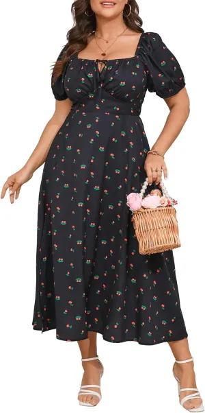 Women's Plus Size Summer Dress Short Sleeve Square Neck Milkmaid Dress Tie Front Split A-Line Maxi Long Dresses