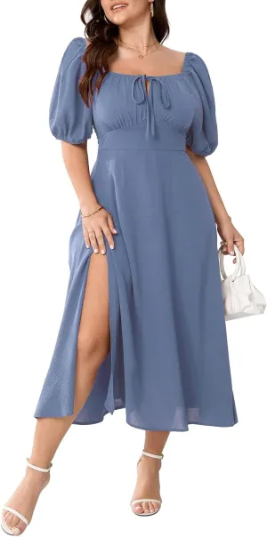 Women's Plus Size Summer Dress Short Sleeve Square Neck Milkmaid Dress Tie Front Split A-Line Maxi Long Dresses