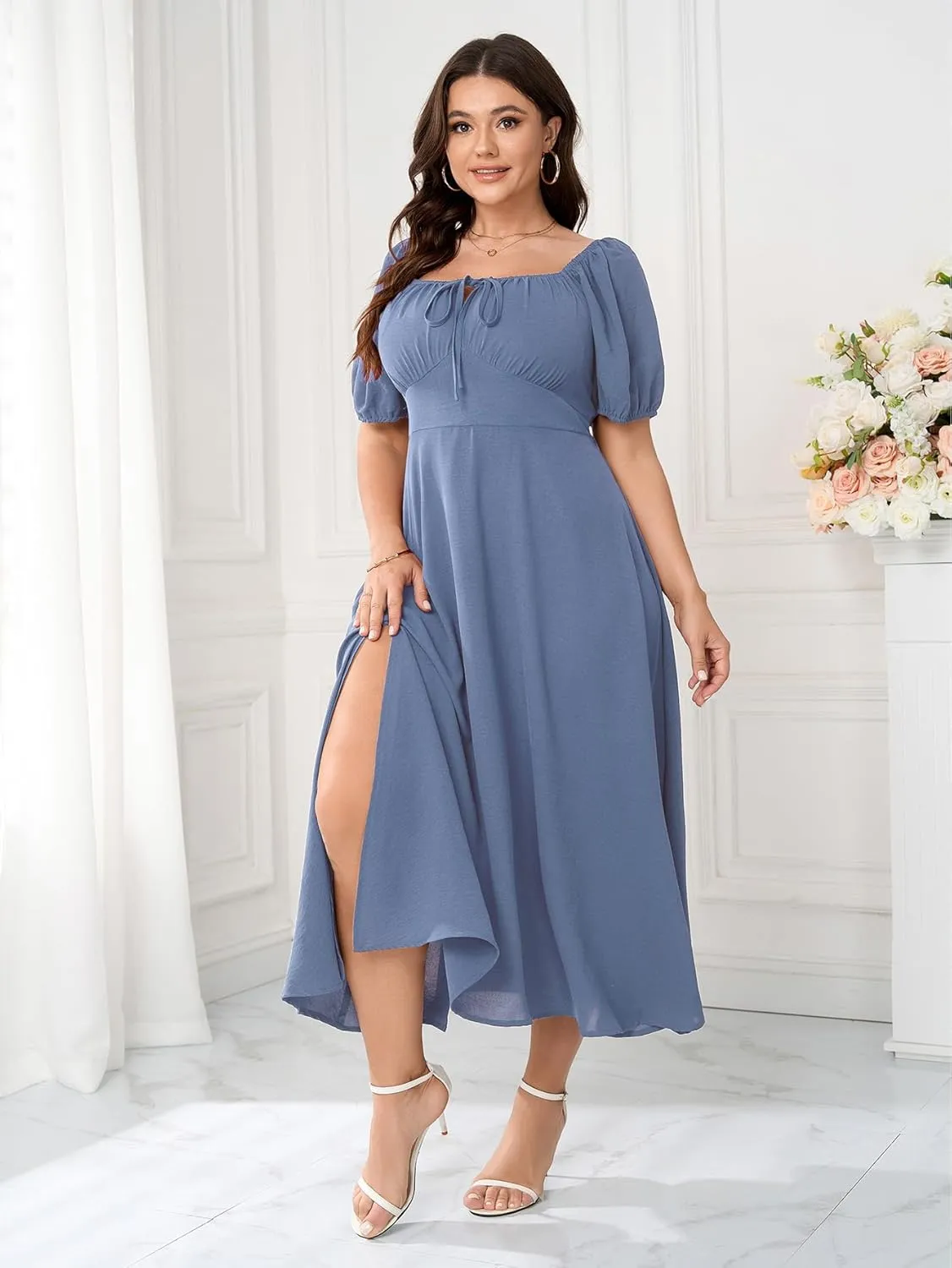 Women's Plus Size Summer Dress Short Sleeve Square Neck Milkmaid Dress Tie Front Split A-Line Maxi Long Dresses
