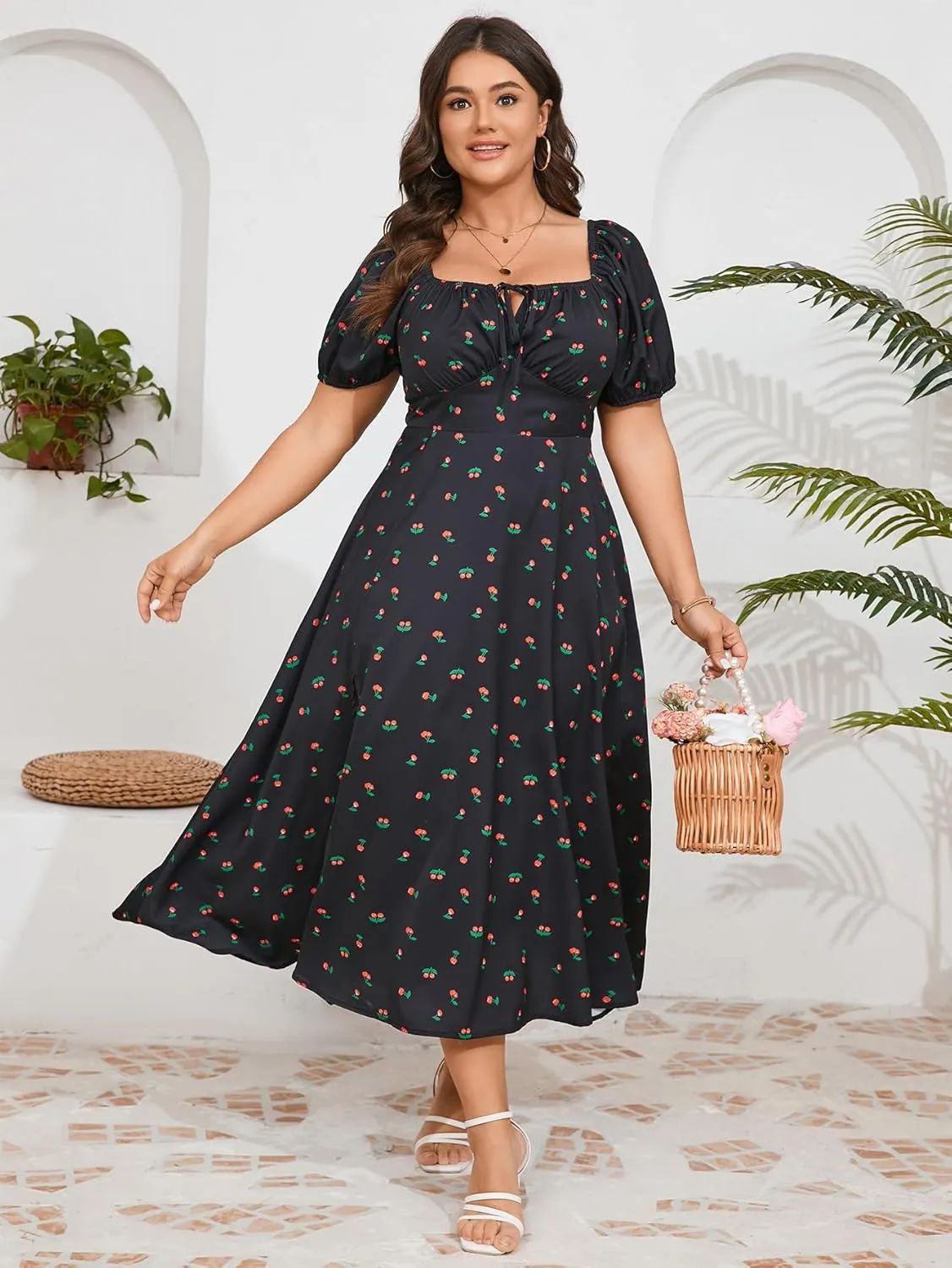 Women's Plus Size Summer Dress Short Sleeve Square Neck Milkmaid Dress Tie Front Split A-Line Maxi Long Dresses