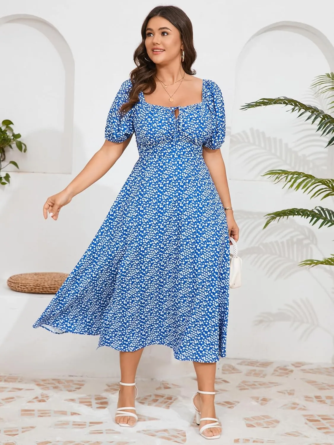 Women's Plus Size Summer Dress Short Sleeve Square Neck Milkmaid Dress Tie Front Split A-Line Maxi Long Dresses