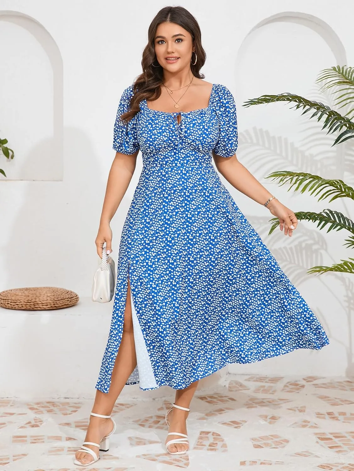 Women's Plus Size Summer Dress Short Sleeve Square Neck Milkmaid Dress Tie Front Split A-Line Maxi Long Dresses
