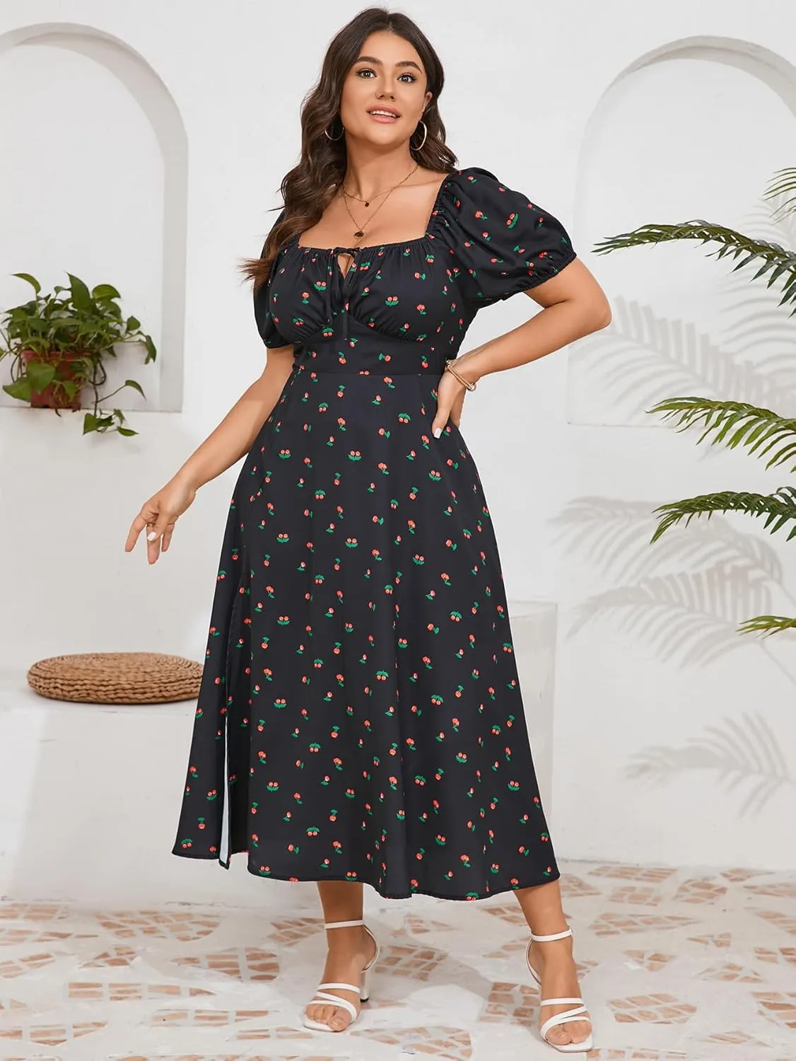 Women's Plus Size Summer Dress Short Sleeve Square Neck Milkmaid Dress Tie Front Split A-Line Maxi Long Dresses