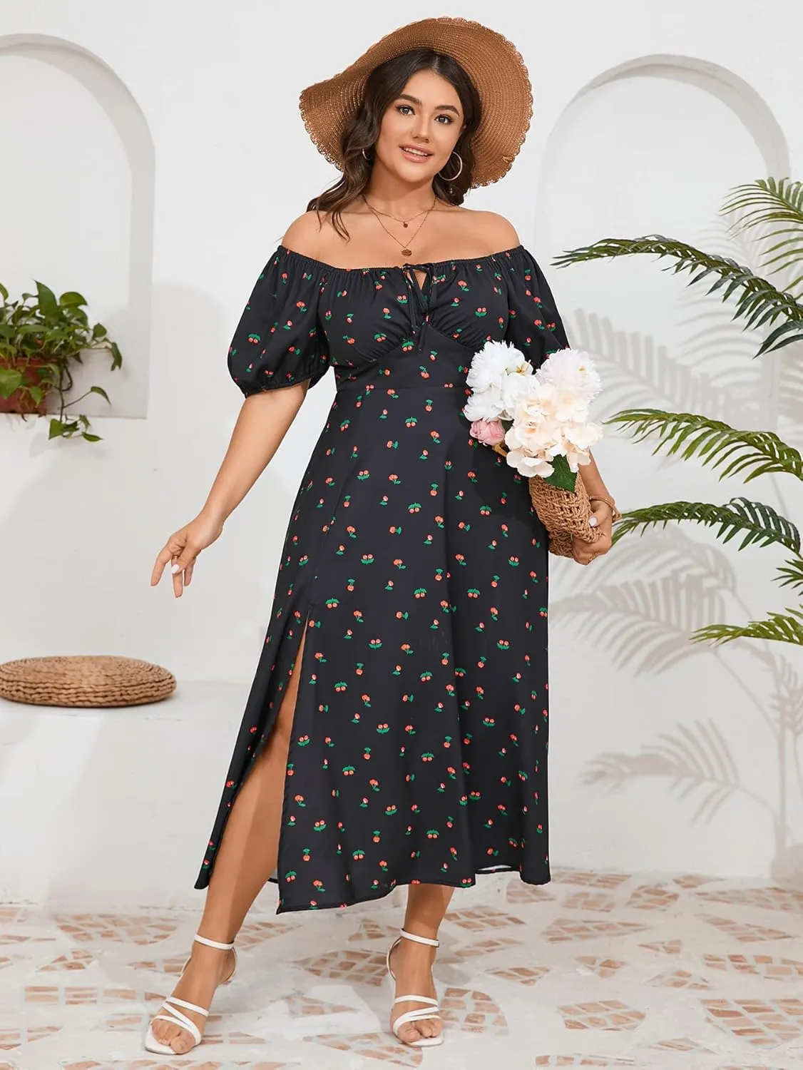 Women's Plus Size Summer Dress Short Sleeve Square Neck Milkmaid Dress Tie Front Split A-Line Maxi Long Dresses