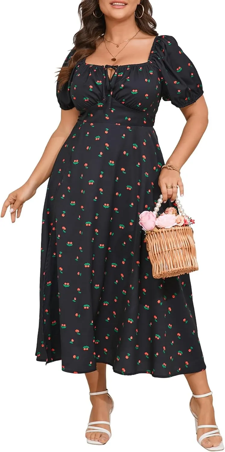 Women's Plus Size Summer Dress Short Sleeve Square Neck Milkmaid Dress Tie Front Split A-Line Maxi Long Dresses