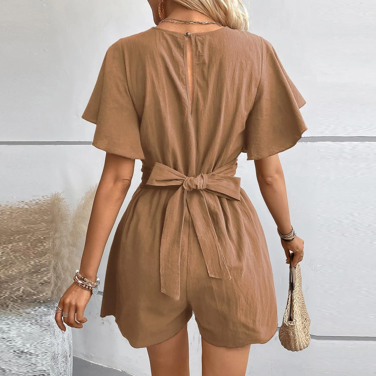 Womens Rompers for Summer Wrap V Neck Cap Sleeve Wide Leg Jumpsuit with Belt Tie Sexy Club Travel Vacation Outfits