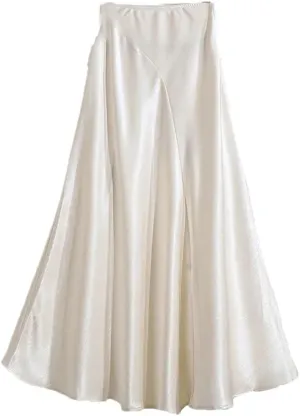 Women's Satin Fishtail Skirt Splicing A-Line Office Lady Long Skirt