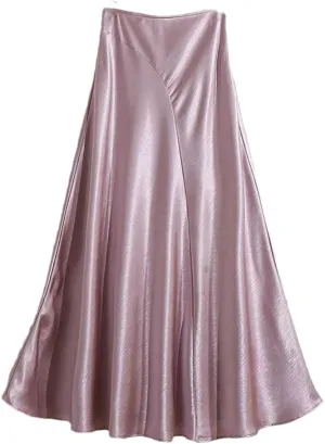 Women's Satin Fishtail Skirt Splicing A-Line Office Lady Long Skirt