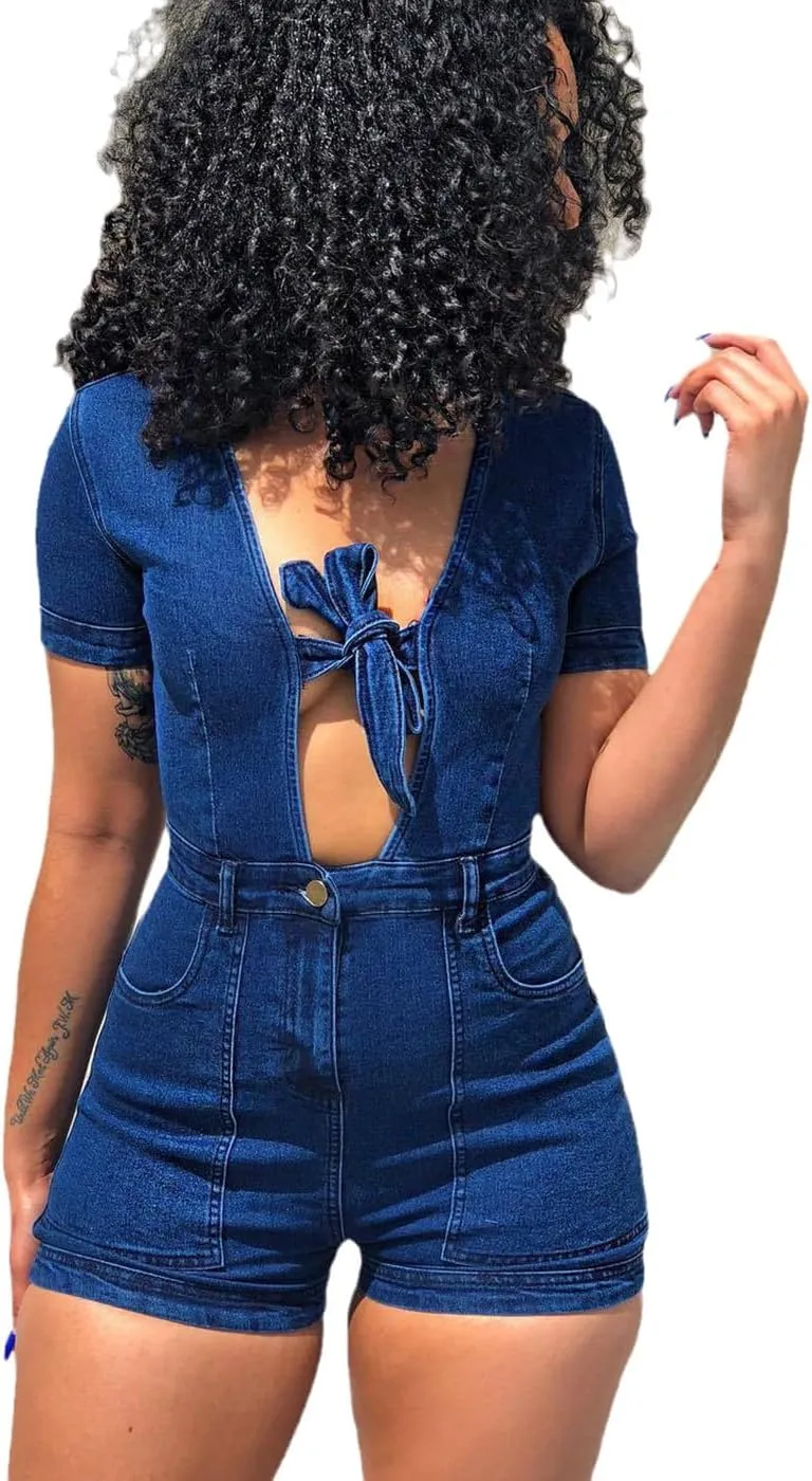 Women's Sexy V Neck Short Sleeve Denim Rompers Front Cut Out Ties Slim Fit Jean Jumpsuits Rompers