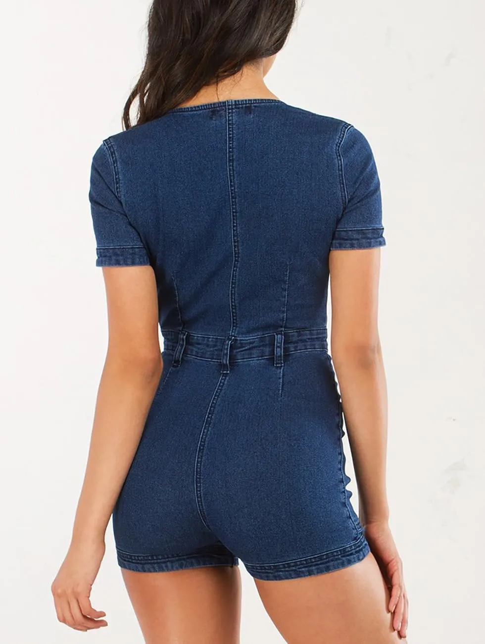 Women's Sexy V Neck Short Sleeve Denim Rompers Front Cut Out Ties Slim Fit Jean Jumpsuits Rompers