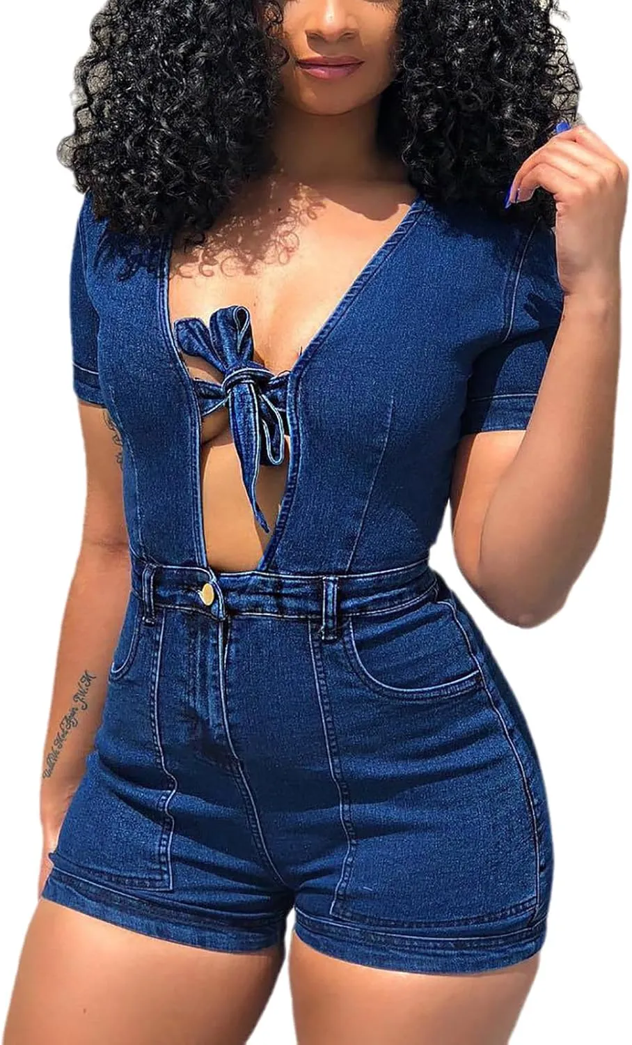 Women's Sexy V Neck Short Sleeve Denim Rompers Front Cut Out Ties Slim Fit Jean Jumpsuits Rompers