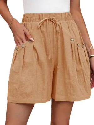 Women's Shorts Casual Flowy High Waisted Comfy Summer Shorts Elastic Drawstring Boho Button Pants with Pockets