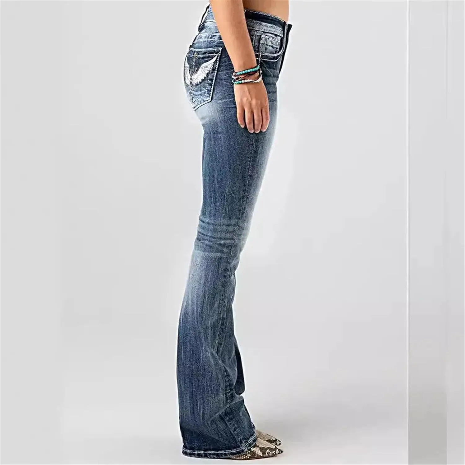 Women's Skinny Embroidered Flare Jeans Heavy Industry Washed Stretch Denim Trousers