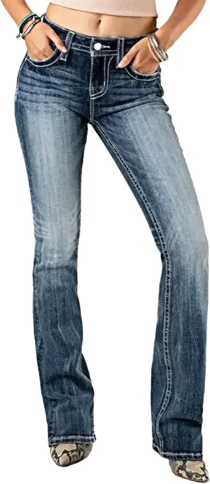 Women's Skinny Embroidered Flare Jeans Heavy Industry Washed Stretch Denim Trousers
