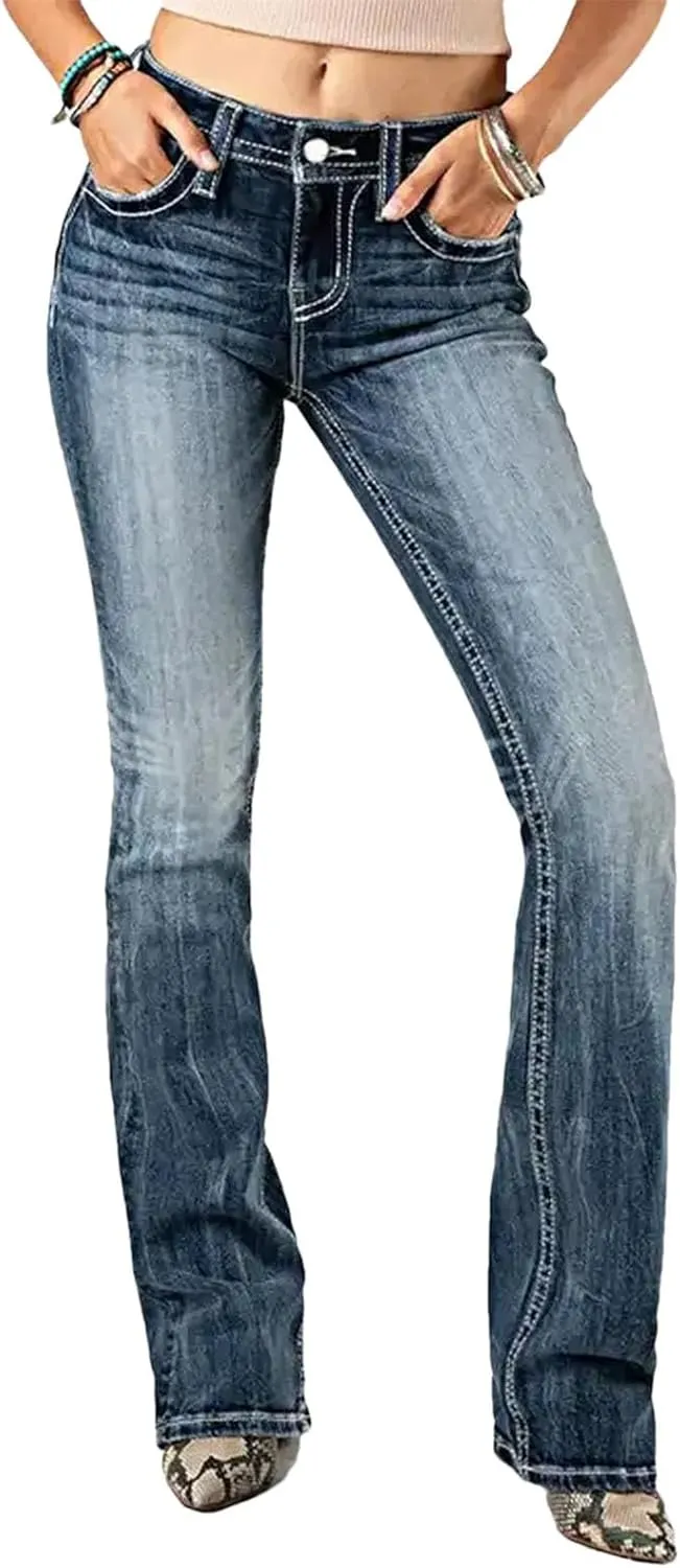 Women's Skinny Embroidered Flare Jeans Heavy Industry Washed Stretch Denim Trousers