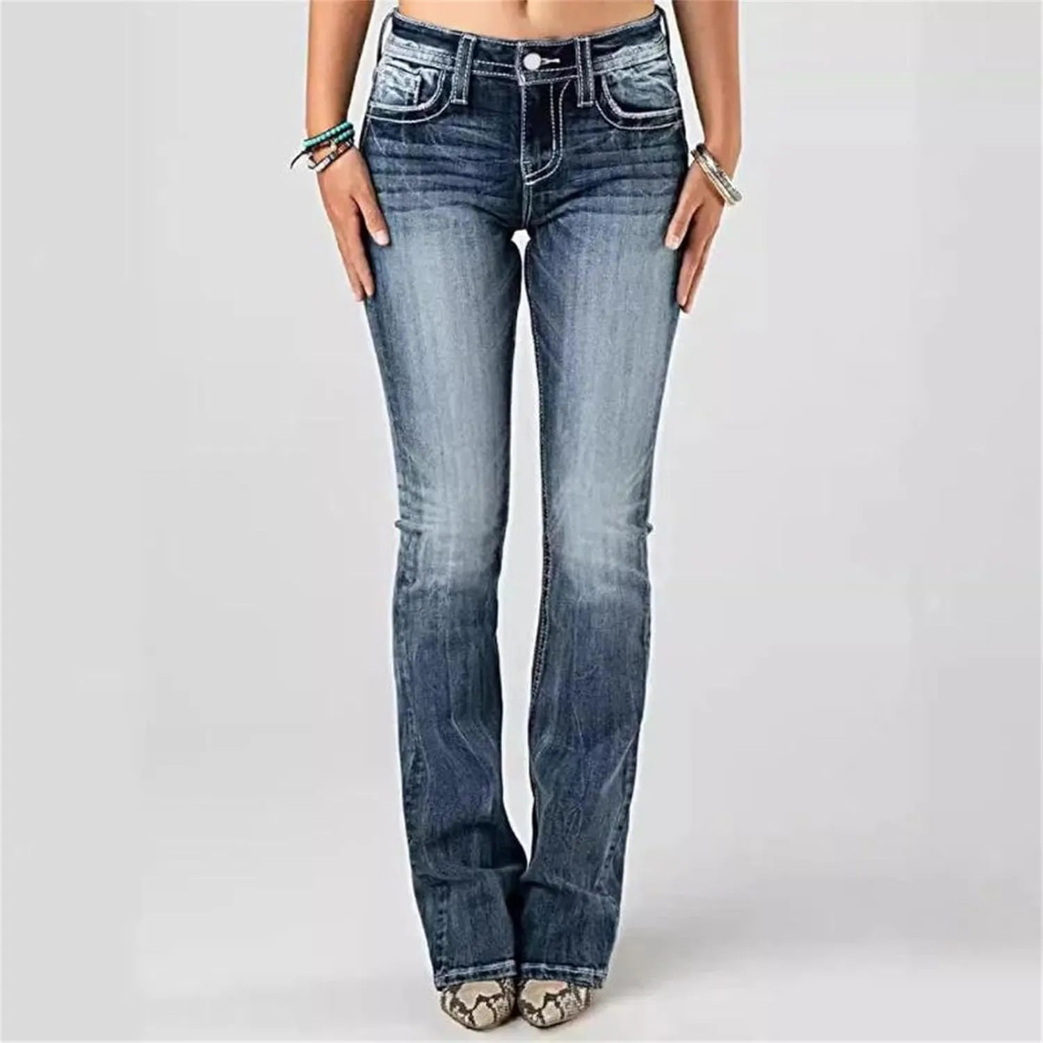 Women's Skinny Embroidered Flare Jeans Heavy Industry Washed Stretch Denim Trousers