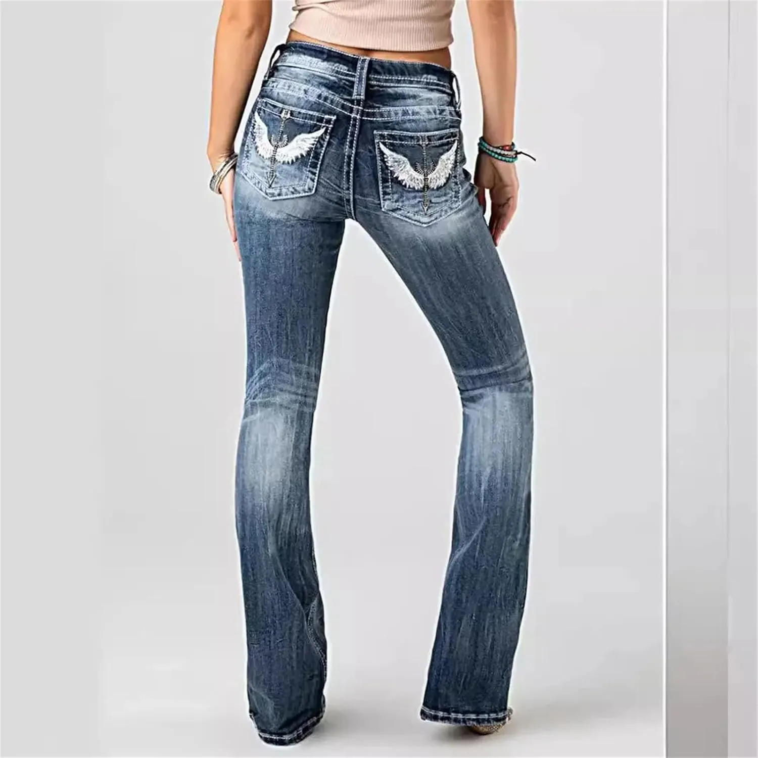Women's Skinny Embroidered Flare Jeans Heavy Industry Washed Stretch Denim Trousers