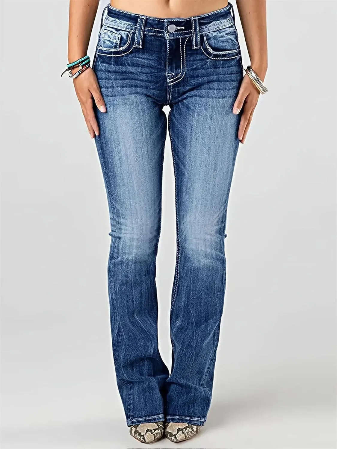 Women's Skinny Embroidered Flare Jeans Heavy Industry Washed Stretch Denim Trousers