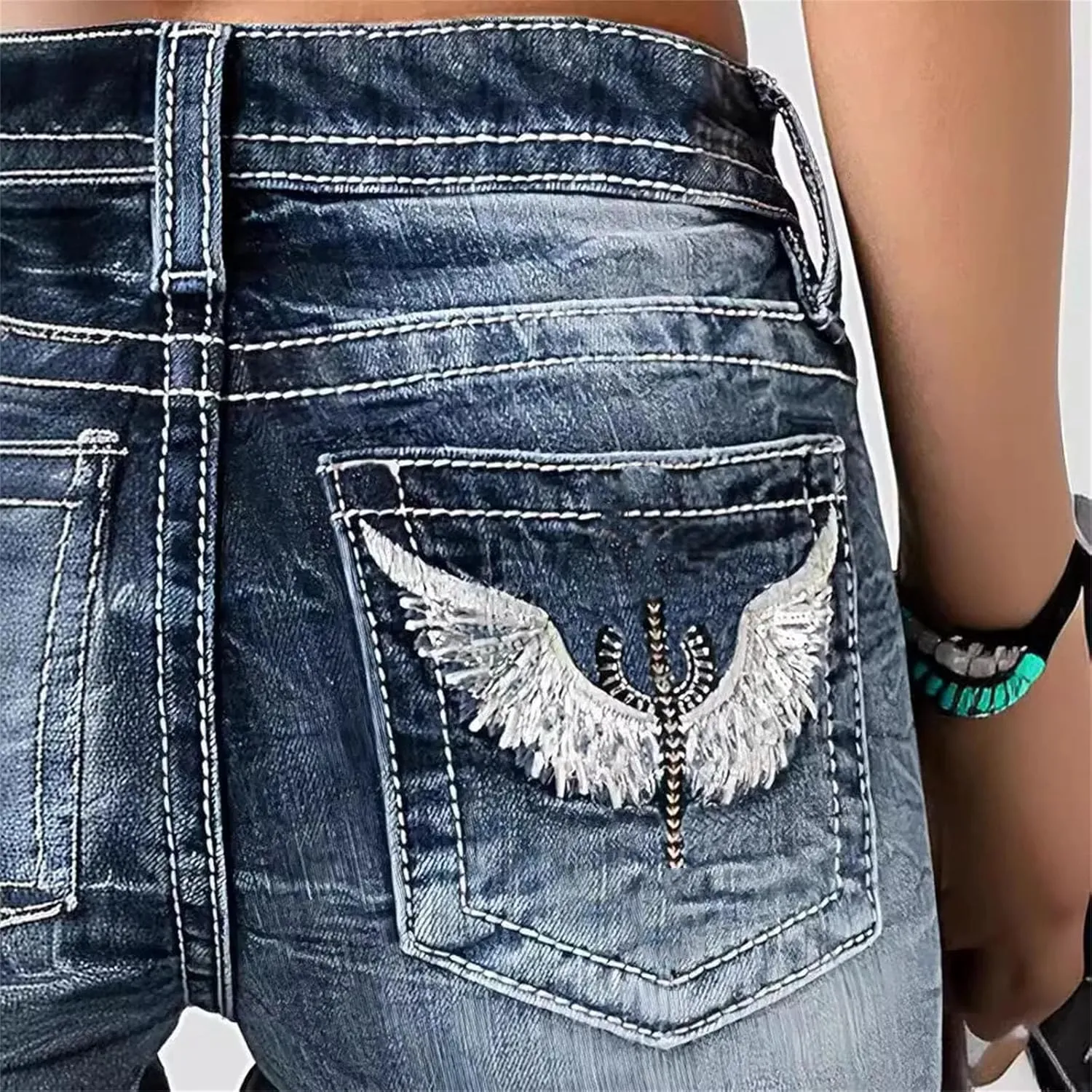Women's Skinny Embroidered Flare Jeans Heavy Industry Washed Stretch Denim Trousers