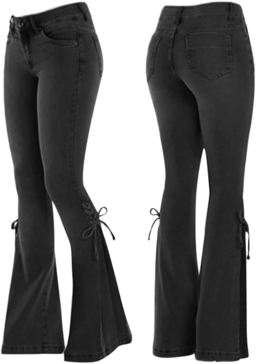 Womens Slimming Flare Jeans Button Zipper Pocket High Waisted Loose Denim with Side Ties Fashion Bootcut Skinny Jeans