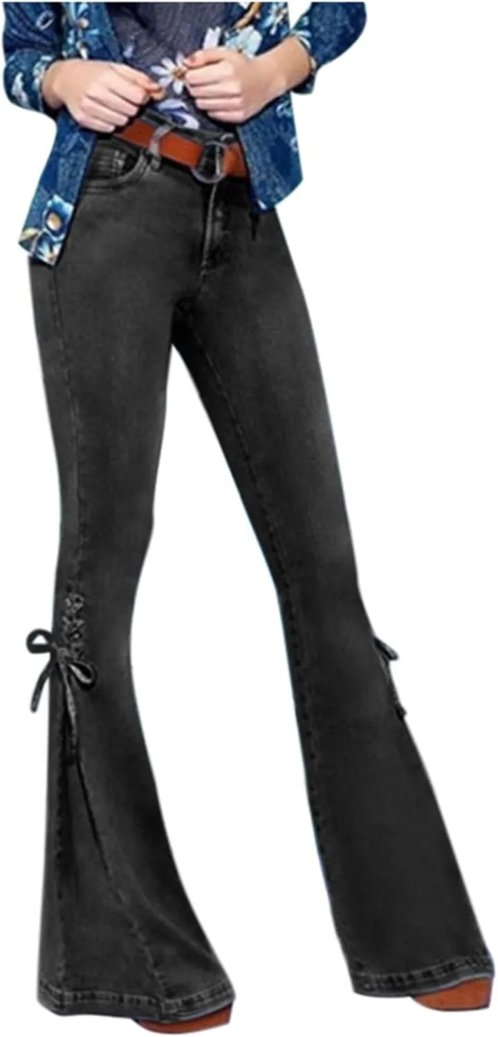 Womens Slimming Flare Jeans Button Zipper Pocket High Waisted Loose Denim with Side Ties Fashion Bootcut Skinny Jeans