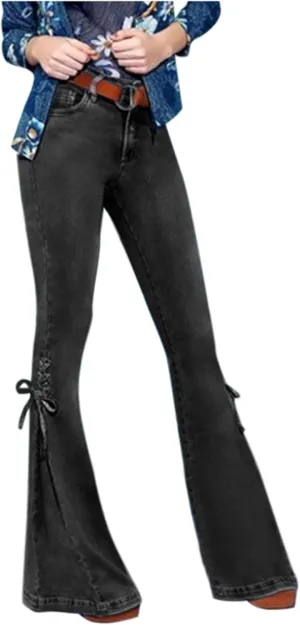 Womens Slimming Flare Jeans Button Zipper Pocket High Waisted Loose Denim with Side Ties Fashion Bootcut Skinny Jeans