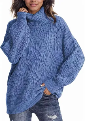 Women's Solid Color Long Sleeve Sweater Knit High Neck Pullover Oversized Sweater Turtleneck Casual Knitwear