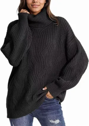 Women's Solid Color Long Sleeve Sweater Knit High Neck Pullover Oversized Sweater Turtleneck Casual Knitwear