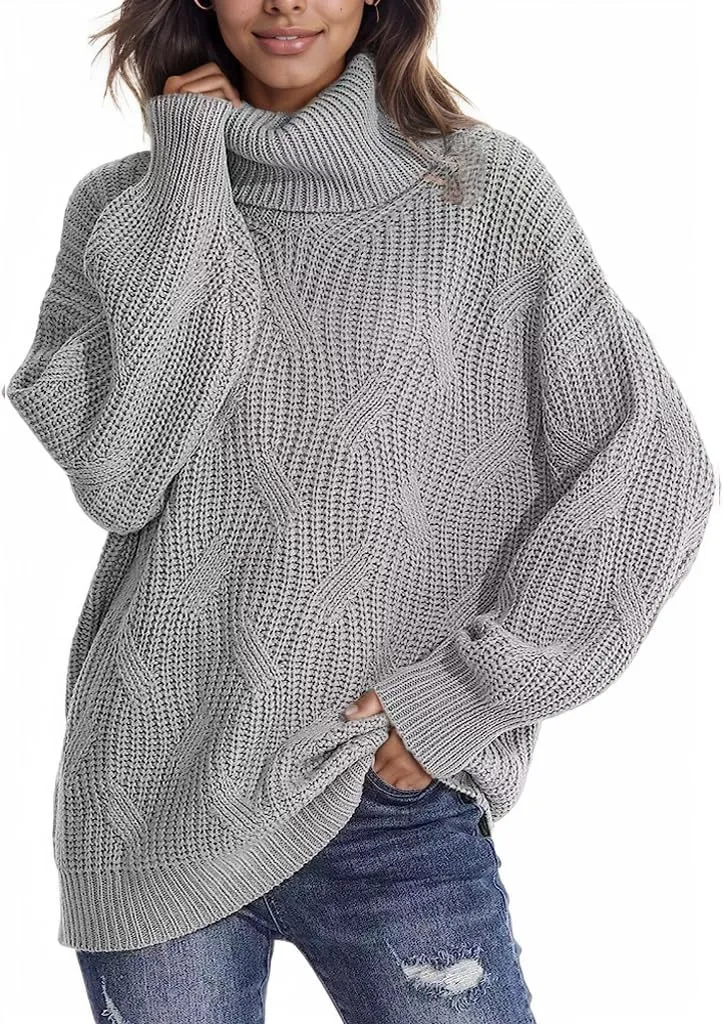 Women's Solid Color Long Sleeve Sweater Knit High Neck Pullover Oversized Sweater Turtleneck Casual Knitwear