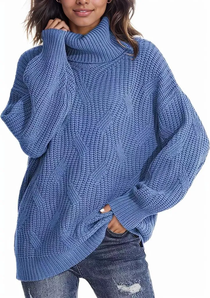 Women's Solid Color Long Sleeve Sweater Knit High Neck Pullover Oversized Sweater Turtleneck Casual Knitwear