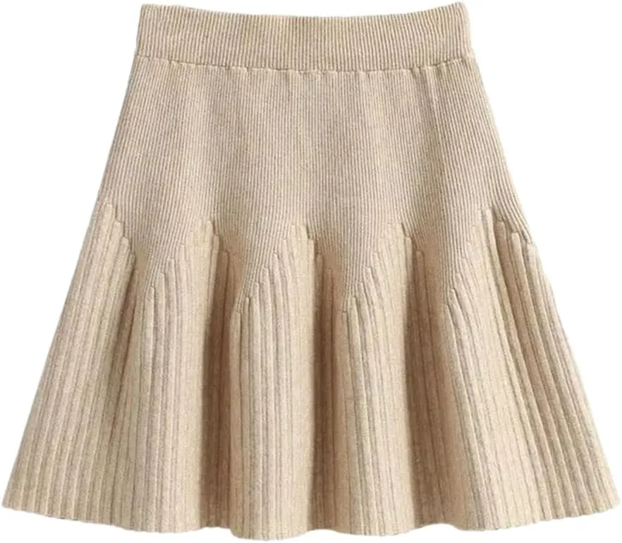 Women's Solid Color Pleated Knit Skirt Stretch High Waist Solid Color Office Mini Skirts