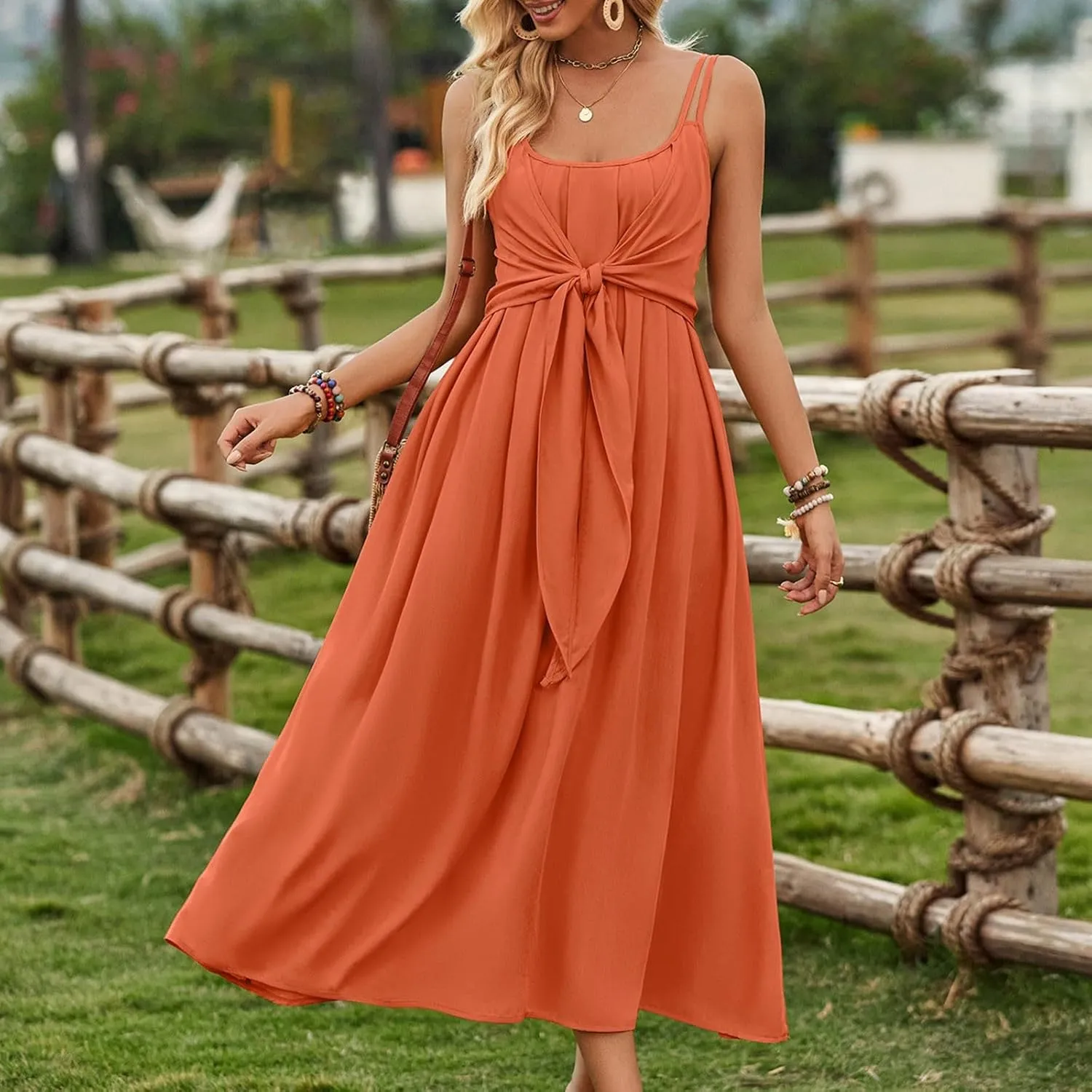 Women's Spaghetti Strap Midi Dress Ruched Wrap Tie Waist Square Neck Sleeveless Bodycon Midi Tank Dress