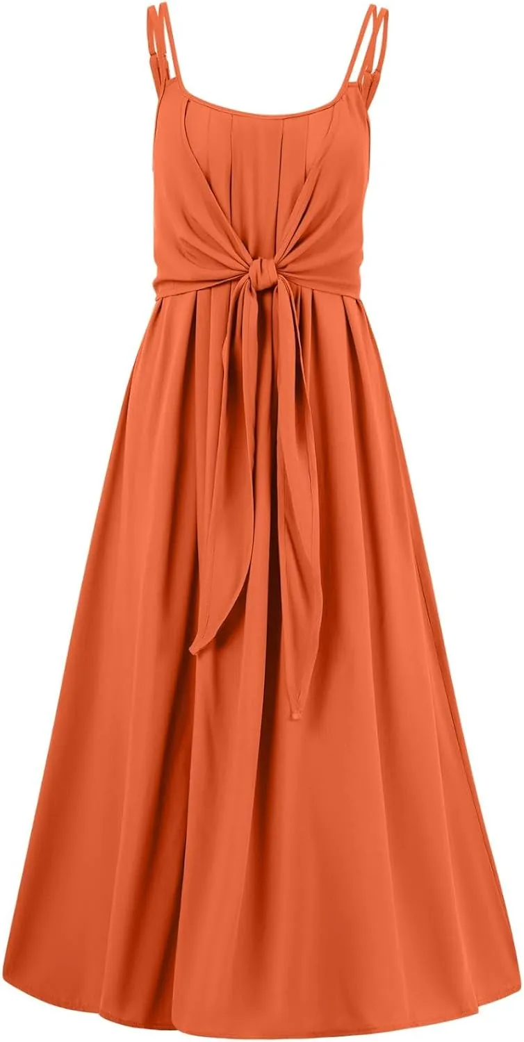 Women's Spaghetti Strap Midi Dress Ruched Wrap Tie Waist Square Neck Sleeveless Bodycon Midi Tank Dress