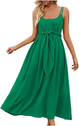 Women's Spaghetti Strap Midi Dress Ruched Wrap Tie Waist Square Neck Sleeveless Bodycon Midi Tank Dress