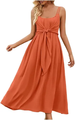 Women's Spaghetti Strap Midi Dress Ruched Wrap Tie Waist Square Neck Sleeveless Bodycon Midi Tank Dress