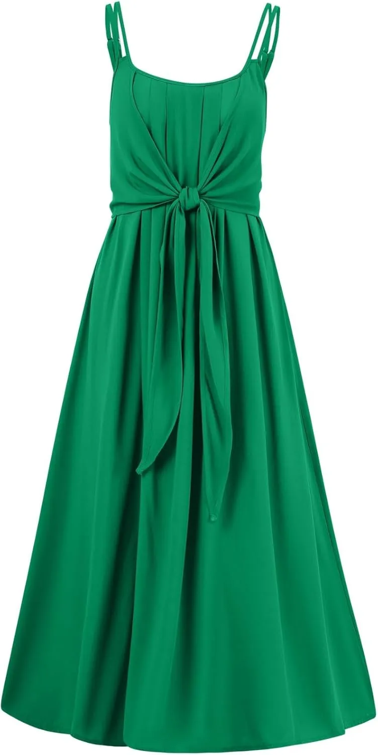 Women's Spaghetti Strap Midi Dress Ruched Wrap Tie Waist Square Neck Sleeveless Bodycon Midi Tank Dress