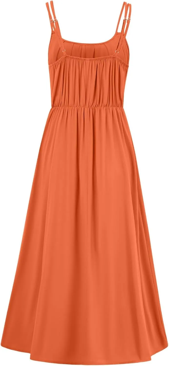 Women's Spaghetti Strap Midi Dress Ruched Wrap Tie Waist Square Neck Sleeveless Bodycon Midi Tank Dress