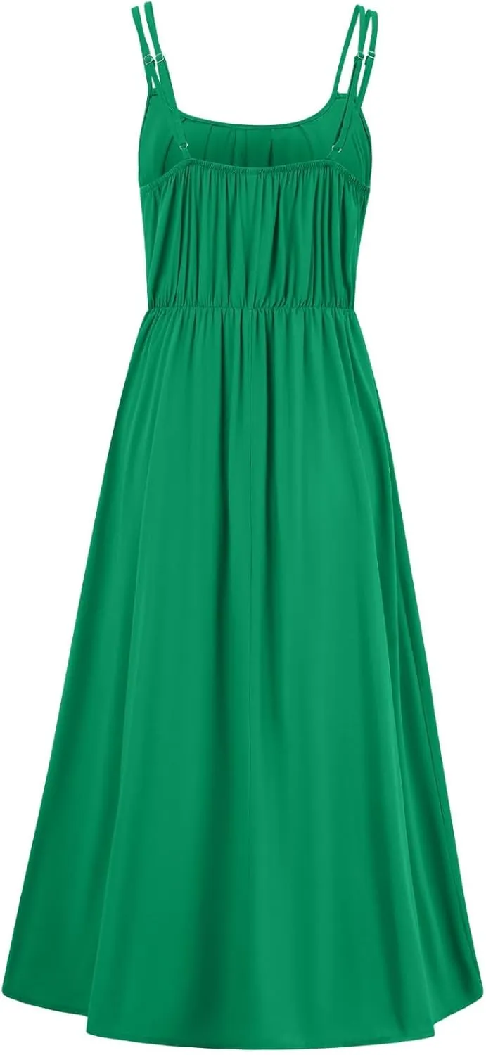 Women's Spaghetti Strap Midi Dress Ruched Wrap Tie Waist Square Neck Sleeveless Bodycon Midi Tank Dress