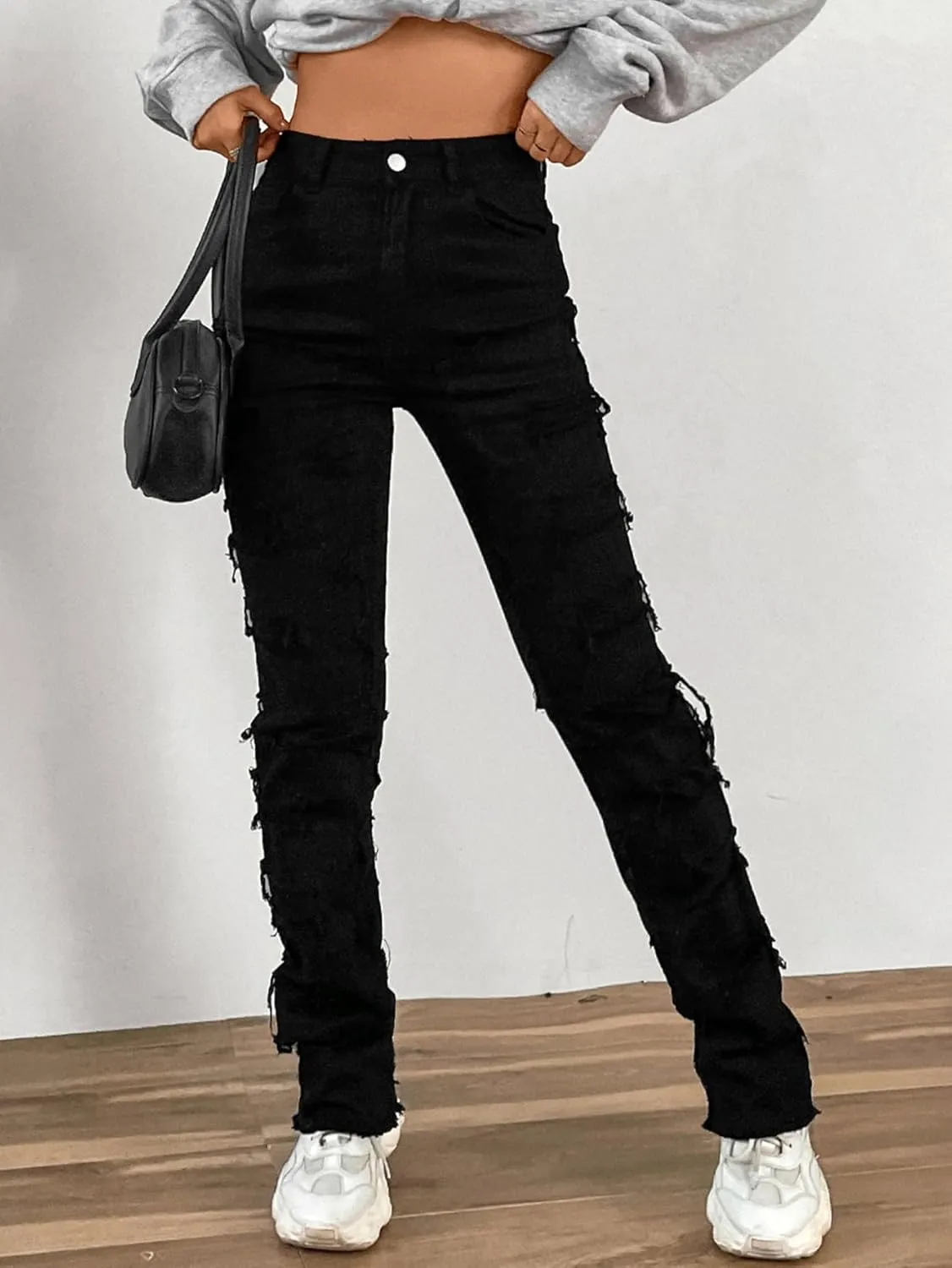 Womens Stacked Straight Leg Jeans High Waist Distressed Stretch Ripped Skinny Jeans Boyfriend Frayed Denim Pants
