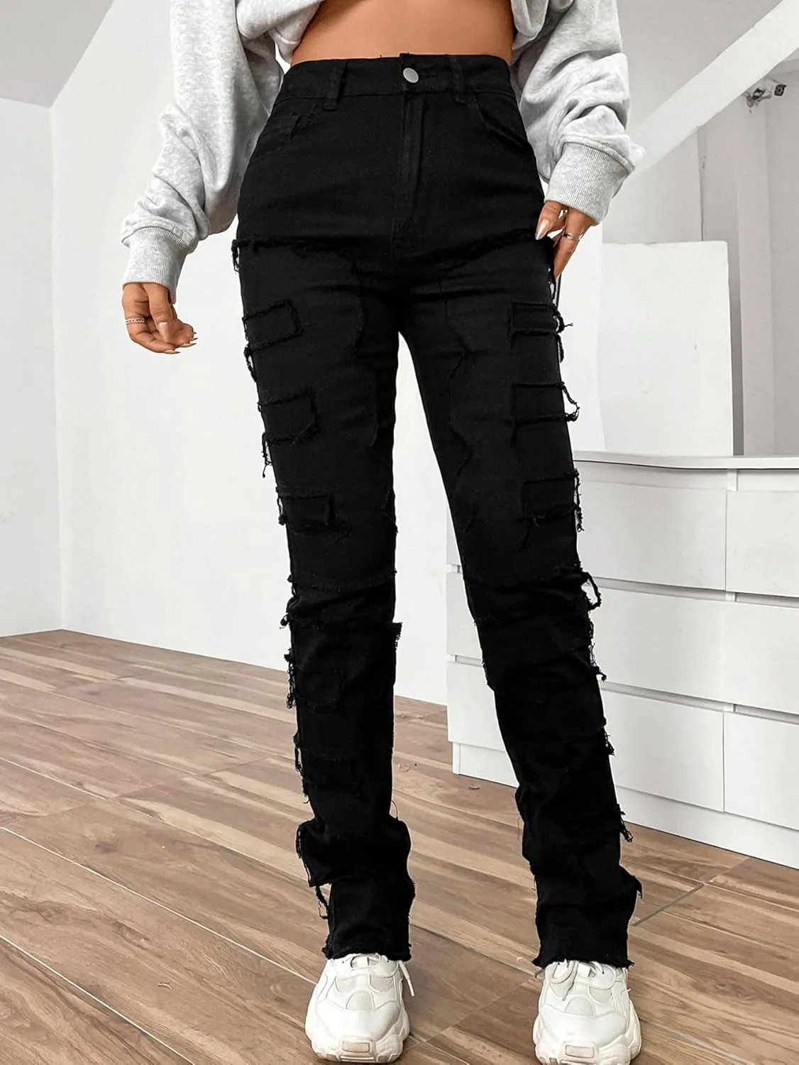Womens Stacked Straight Leg Jeans High Waist Distressed Stretch Ripped Skinny Jeans Boyfriend Frayed Denim Pants